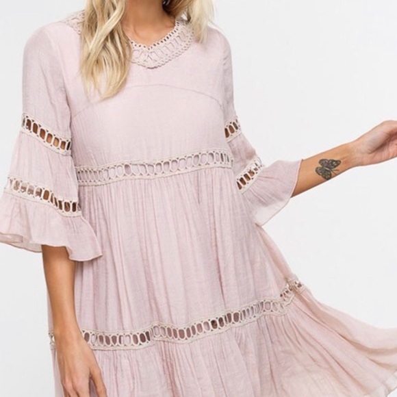 Bell sleeve ruffle crochet detail babydoll dress - Picture 3 of 7